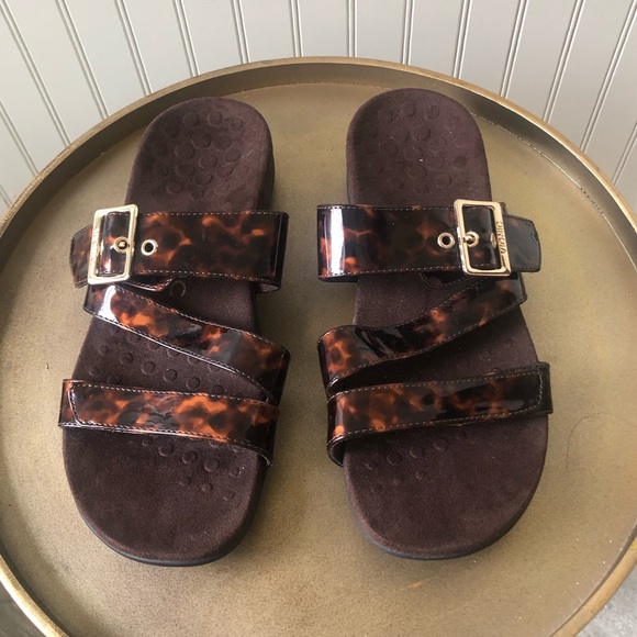 VIONIC | SKYLAR COMFORT SLIDES | TORTOISE BROWN PATENT LEATHER | SIZE: 8 | EUC - Picture 2 of 9
